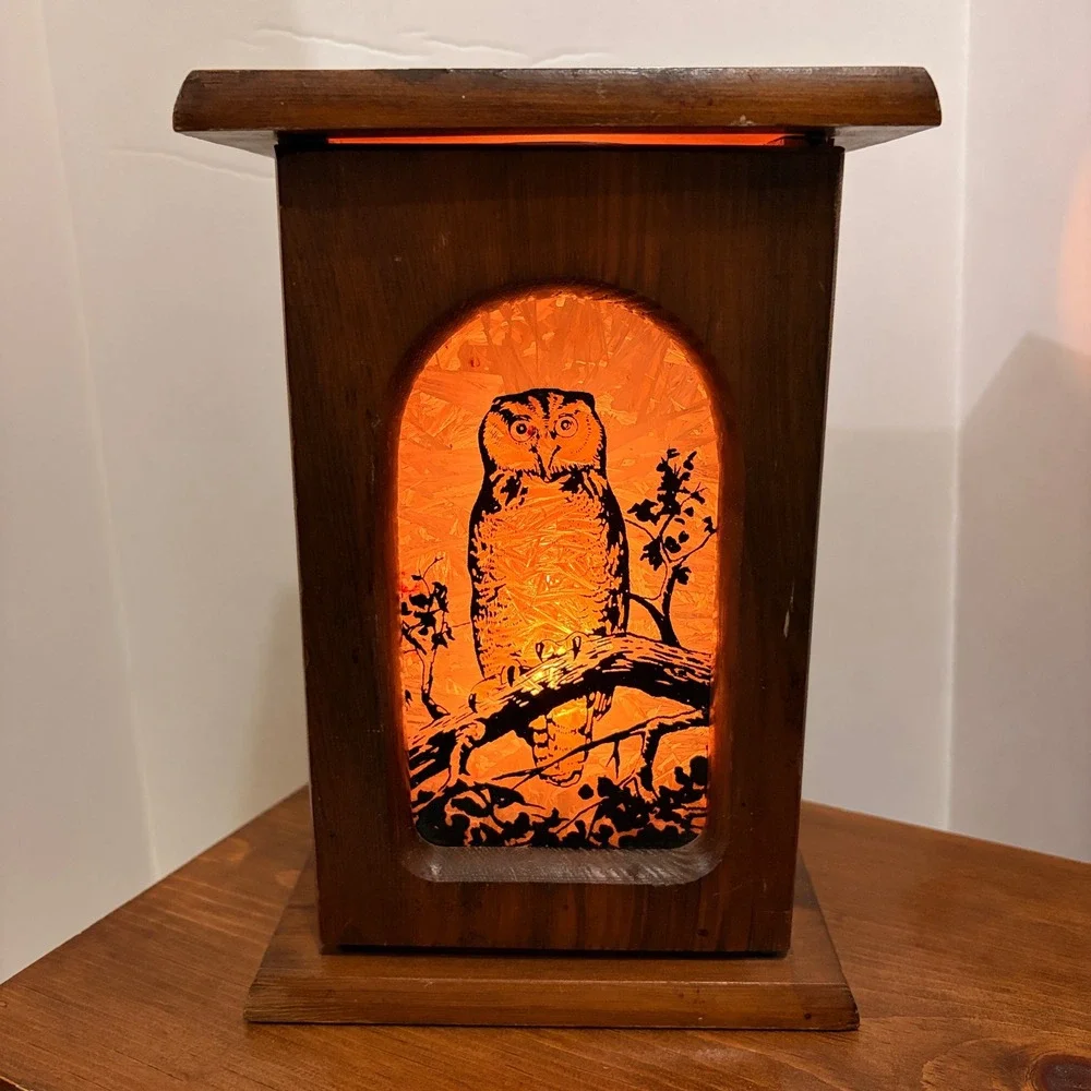 Vintage Rustic Wood Owl Lantern Candle Holder Box Mirror Interior Amber Glow